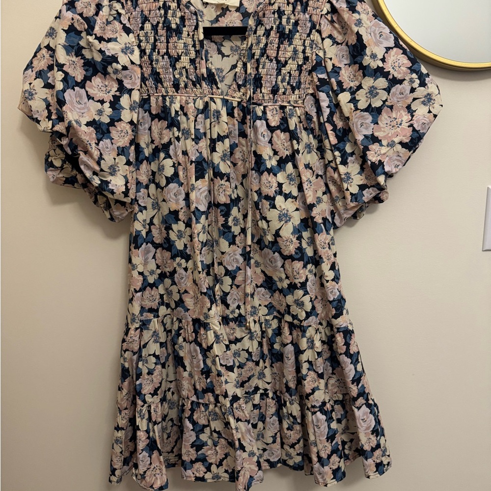 Entro Floral Smocked Mini Dress - Navy and Cream